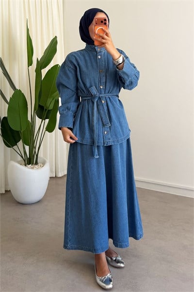 Denim Etekli Takım - Açık Kot