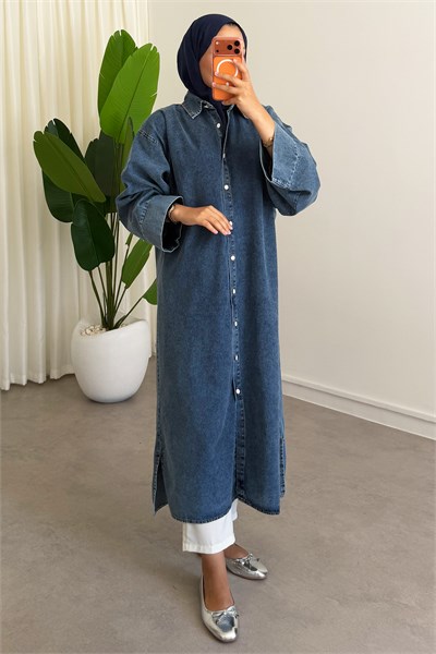 Denim Gömlek Elbise - Açık Kot