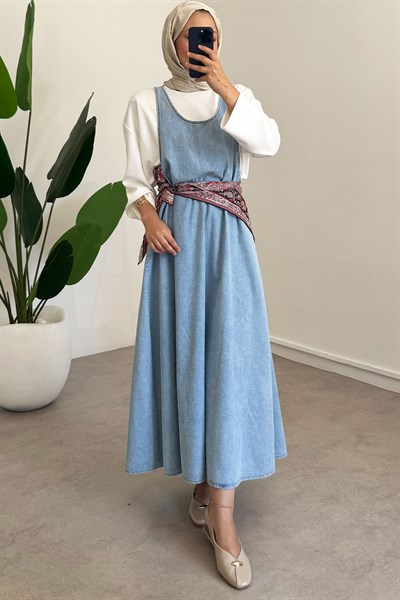 Denim Jile Elbise - Açık Kot