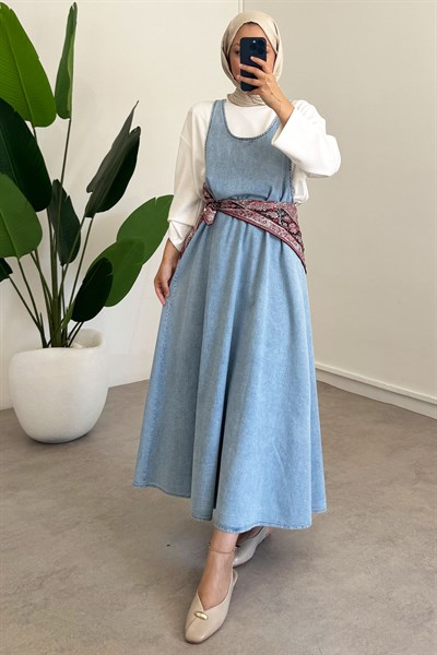 Denim Jile Elbise - Açık Kot