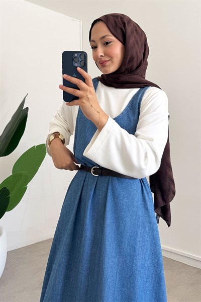 Denim Jile Elbise - Koyu Kot