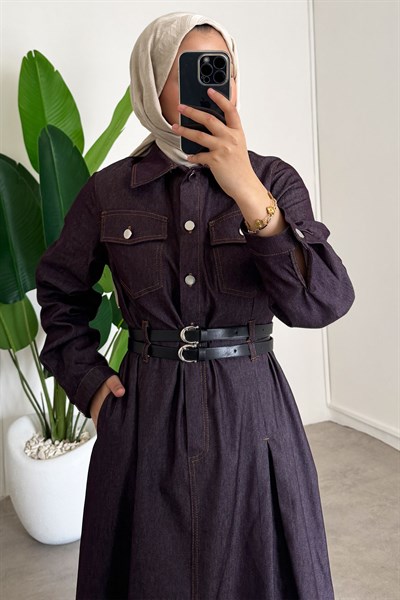 Denim Kemerli Elbise - Bordo
