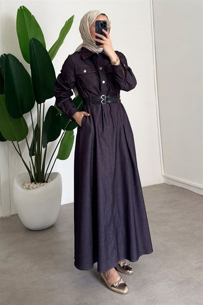 Denim Kemerli Elbise - Bordo