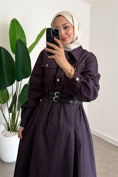 Denim Kemerli Elbise - Bordo