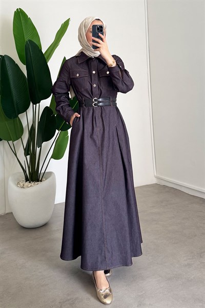 Denim Kemerli Elbise - Bordo