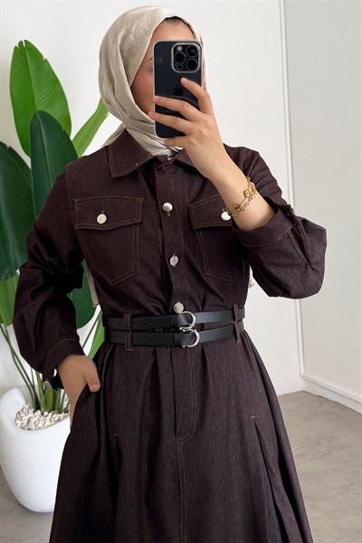 Denim Kemerli Elbise - Kahverengi