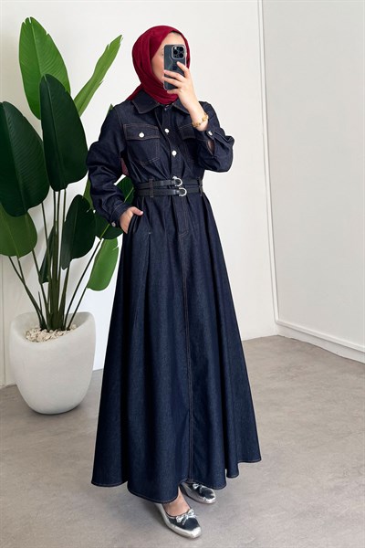 Denim Kemerli Elbise - Lacivert
