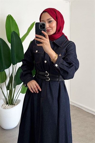 Denim Kemerli Elbise - Lacivert
