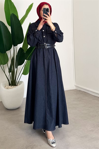 Denim Kemerli Elbise - Lacivert