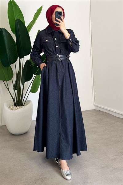 Denim Kemerli Elbise - Lacivert