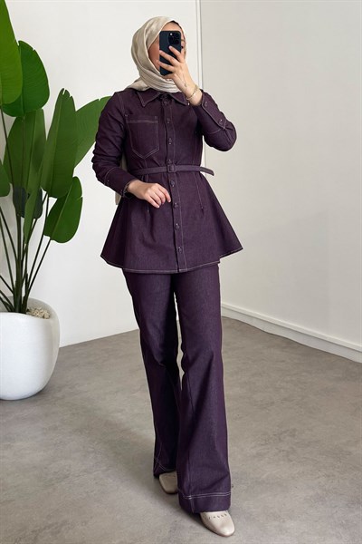 Denim Kemerli Takım - Bordo