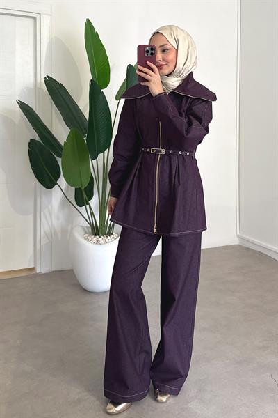 Denim Kemerli Takım - Bordo