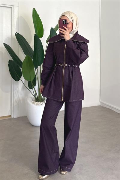 Denim Kemerli Takım - Bordo