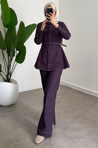 Denim Kemerli Takım - Bordo