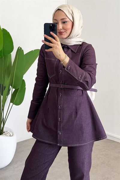 Denim Kemerli Takım - Bordo