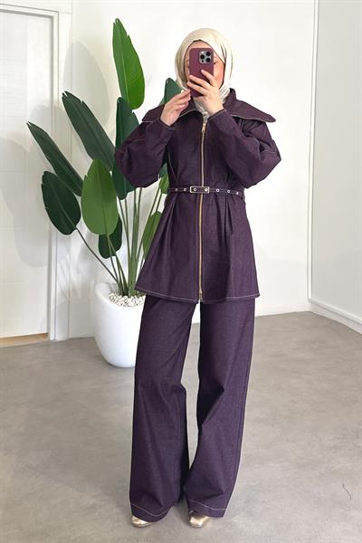 Denim Kemerli Takım - Bordo