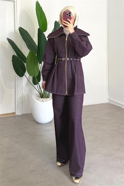 Denim Kemerli Takım - Bordo