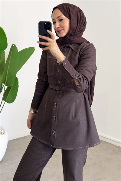 Denim Kemerli Takım - Kahverengi