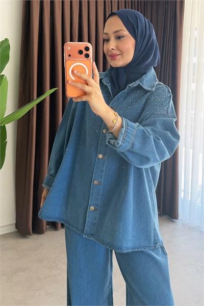 Denim Taşlı Takım - Açık Kot