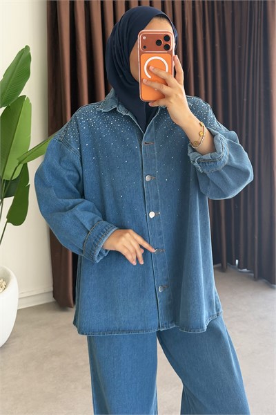 Denim Taşlı Takım - Açık Kot
