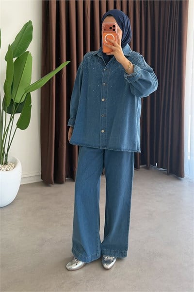 Denim Taşlı Takım - Açık Kot