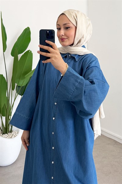 Denim Tensel Gömlek Elbise - Açık Kot