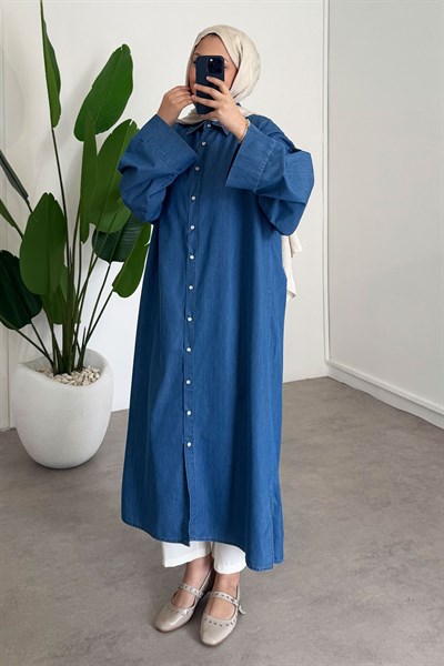 Denim Tensel Gömlek Elbise - Açık Kot