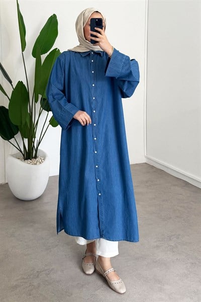 Denim Tensel Gömlek Elbise - Açık Kot