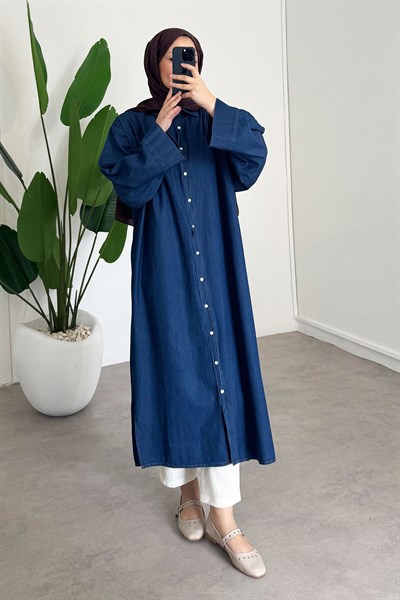 Denim Tensel Gömlek Elbise - Koyu Kot
