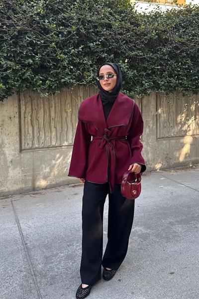 DERİ BİYELİ CEKET 9-52608  - BORDO
