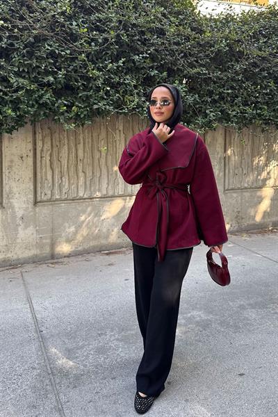 DERİ BİYELİ CEKET 9-52608  - BORDO