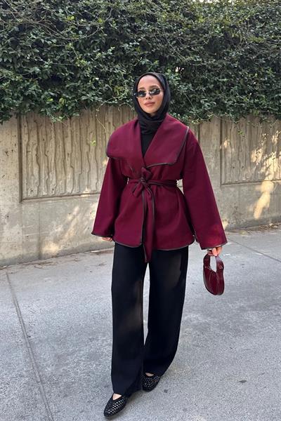 DERİ BİYELİ CEKET 9-52608  - BORDO