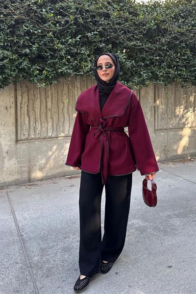 DERİ BİYELİ CEKET 9-52608  - BORDO