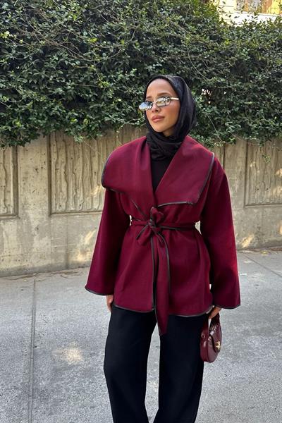 DERİ BİYELİ CEKET 9-52608  - BORDO