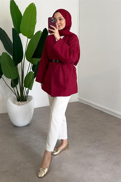 Deri Kemerli Kimono - Bordo