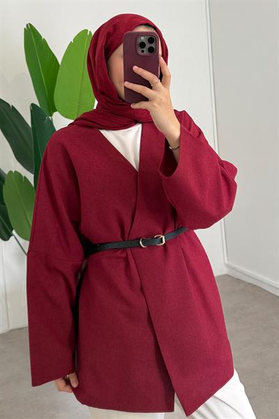 Deri Kemerli Kimono - Bordo