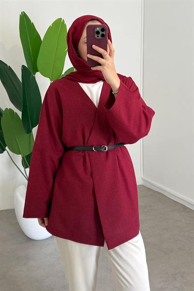 Deri Kemerli Kimono - Bordo