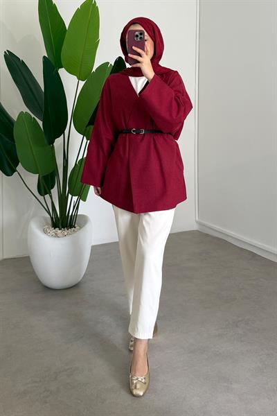 Deri Kemerli Kimono - Bordo