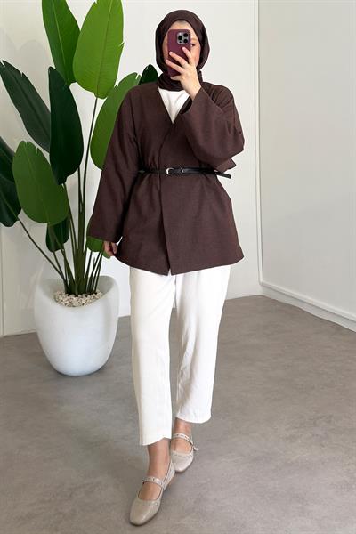 Deri Kemerli Kimono - Kahverengi