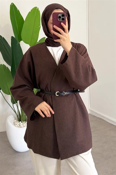 Deri Kemerli Kimono - Kahverengi