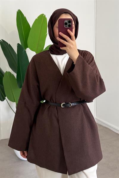Deri Kemerli Kimono - Kahverengi