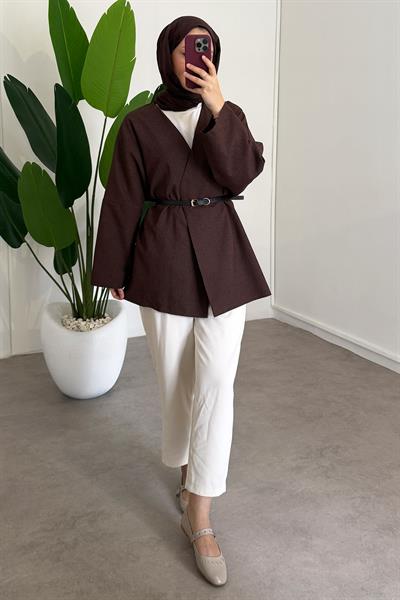 Deri Kemerli Kimono - Kahverengi