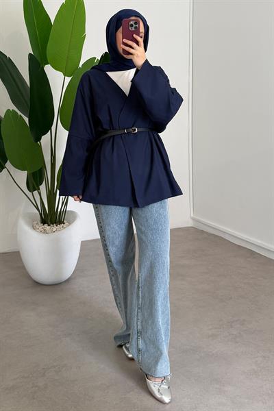 Deri Kemerli Kimono - Lacivert