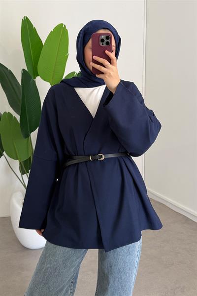 Deri Kemerli Kimono - Lacivert