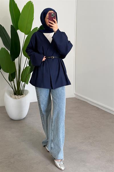 Deri Kemerli Kimono - Lacivert