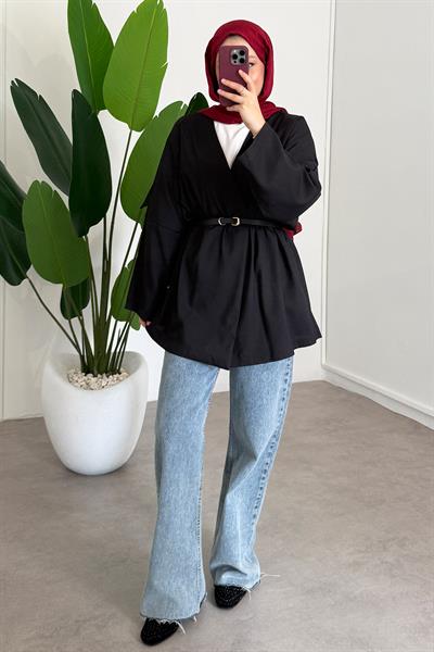 Deri Kemerli Kimono - Siyah