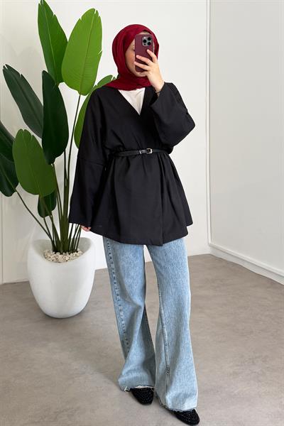 Deri Kemerli Kimono - Siyah