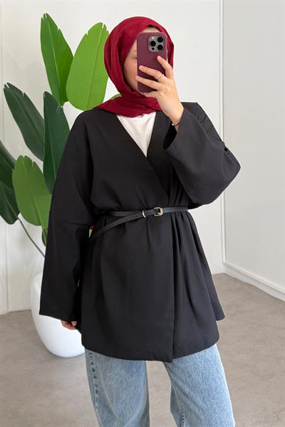 Deri Kemerli Kimono - Siyah