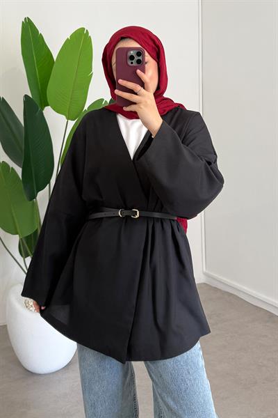 Deri Kemerli Kimono - Siyah