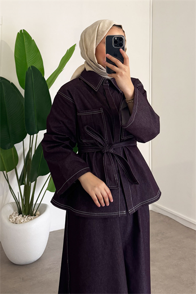 Dikiş Detaylı Denim Takım - Bordo